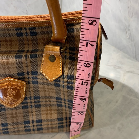 Kirino Collection plaid tan and navy leather bag roomy with inside pocket - Picture 15 of 16
